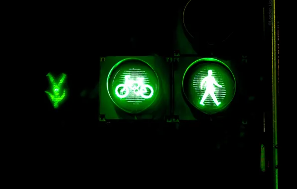 Картинка макро, свет, ночь, город, зеленый, знак, светофор, велосипедист