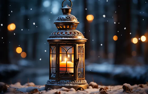 Картинка зима, снег, ночь, Рождество, фонарь, Новый год, Christmas, night