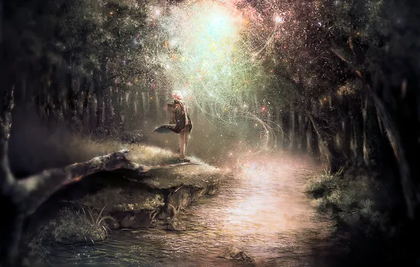 Картинка лес, деревья, река, магия, аниме, арт, парень, scarlet97