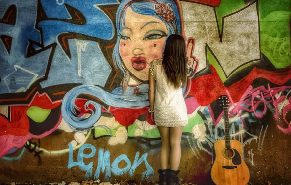 Картинка девушка, стена, гитара, графити