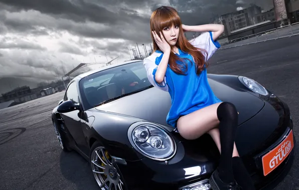 Картинка машина, авто, девушка, модель, азиатка, автомобиль, Porsche 911 Turbo S, korean model