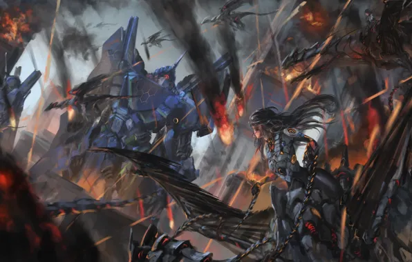 Девушка, робот, аниме, воин, арт