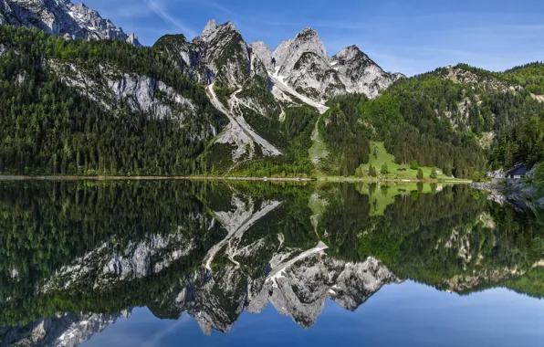 Картинка горы, озеро, отражение, Австрия, Austria, Dachstein Mountains, горы Дахштайн, Gosau Lakes