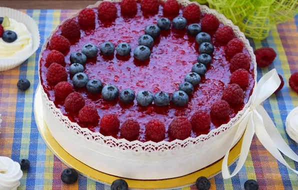 Малина, сердце, торт, желе, голубика