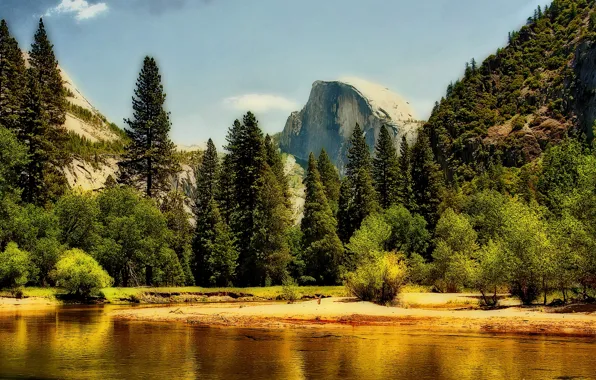 Лес, небо, облака, деревья, горы, скала, река, Yosemite