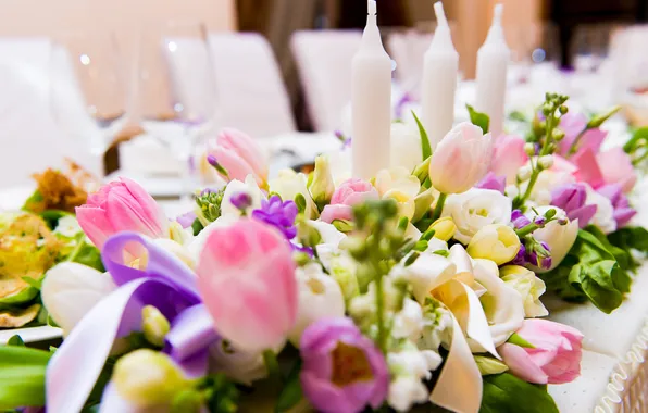 Картинка цветы, букет, свечи, тюльпаны, свадебные