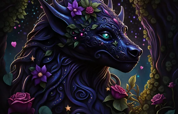Картинка дракон, фэнтези, цветы