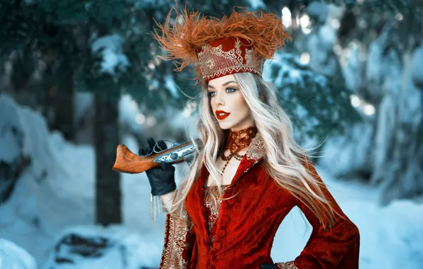 Картинка girl, gun, long hair, dress, weapon, hat, style, photo