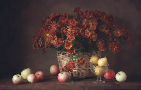 Картинка осень, цветы, яблоки, букет, натюрморт, груши