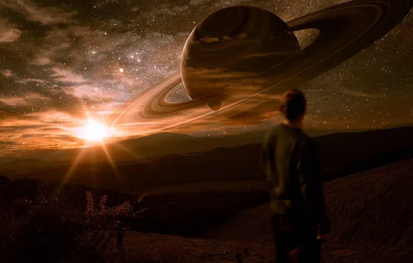 Картинка лес, небо, звезды, облака, свет, человек, планета, кольцо
