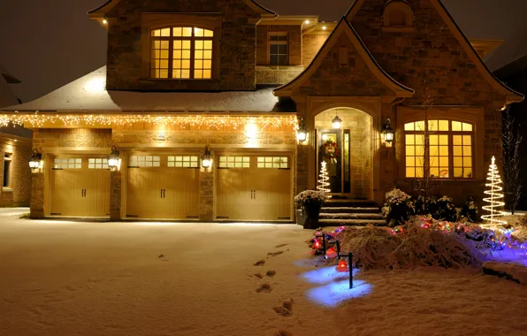 Картинка зима, снег, ночь, природа, lights, огни, дом, праздник