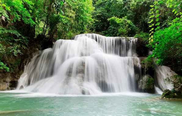 Зелень, лес, деревья, тропики, камни, водопад, Таиланд, Kanchanaburi
