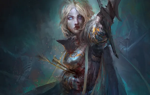 Картинка девушка, кровь, меч, воин, стрела, fantasy, рана