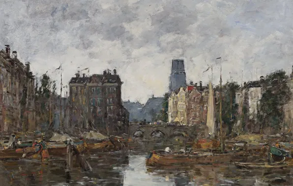 Дома, картина, городской пейзаж, Эжен Буден, Eugene Boudin, Роттердам. Мост у Биржи