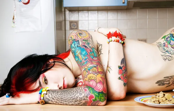 Girl, Hot, Sexy, Brunette, Tatoo, Beauty, Piercing, Kitchen