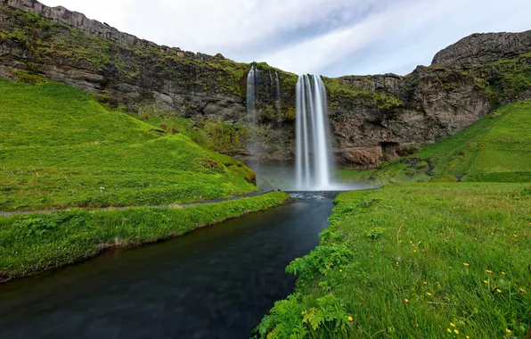 Зелень, Луга, Скалы, Река, Исландия, Green, Iceland, River