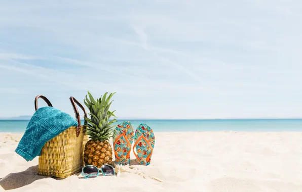 Картинка песок, море, пляж, лето, отдых, очки, summer, сумка