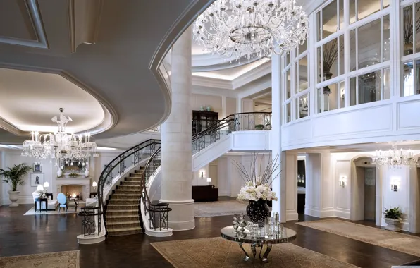 Лестница, люстра, камин, отель, Mandarin Oriental Hotel