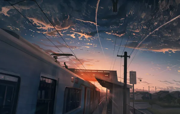 Картинка небо, закат, поезд, дома
