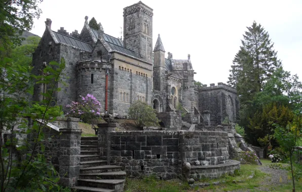 Небо, деревья, Шотландия, церковь, архитектура, St Conan's Kirk