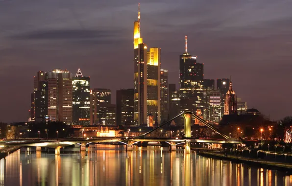 Ночь, мост, огни, река, дома, Frankfurt, Germany