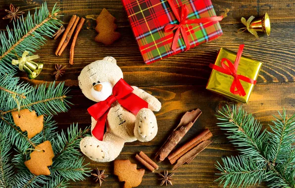 Украшения, игрушки, елка, Новый Год, Рождество, мишка, подарки, Christmas