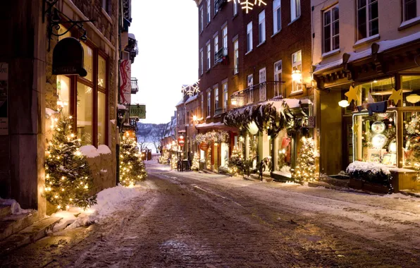 Картинка зима, дорога, улица, елки, новый год, дома, рождество, переулок