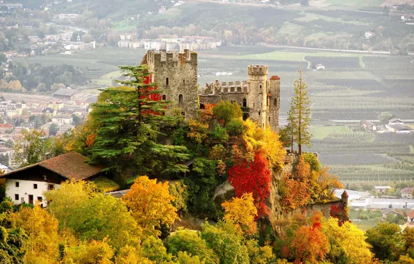Осень, деревья, город, фото, замок, Италия, Castle, Brunnenburg