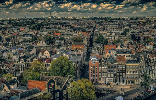Небо, облака, дома, Амстердам, панорама, Нидерланды, улицы, столица