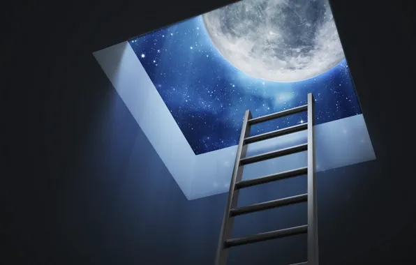 Картинка moon, Dreams, stairs, roof