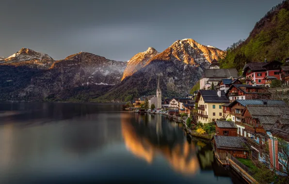 Картинка горы, озеро, здания, дома, Австрия, Альпы, Austria, Hallstatt