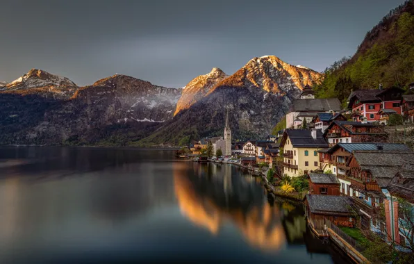 Горы, озеро, здания, дома, Австрия, Альпы, Austria, Hallstatt