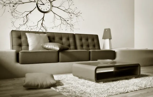 Картинка диван, часы, интерьер, коричневый