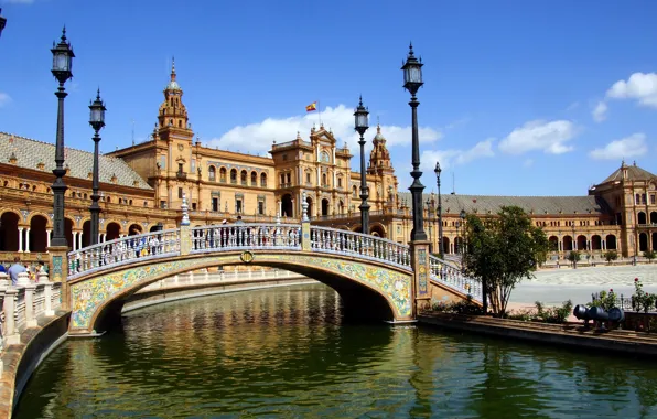 Картинка мост, река, площадь, фонари, канал, архитектура, Испания, дворец