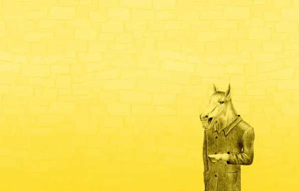 Минимализм, желтый фон, конь в пальто