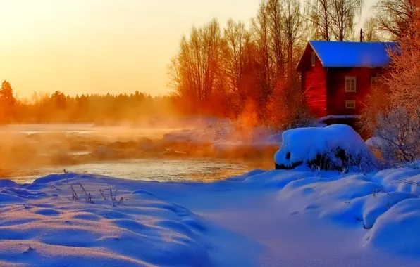 Картинка зима, небо, снег, деревья, закат, дом, река, пар