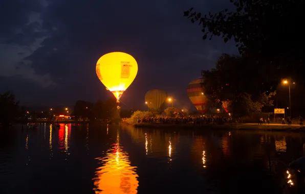 Картинка ночь, озеро, воздушные шары, праздник, воздухоплавание, пятигорск