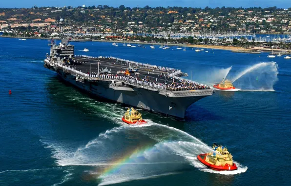 Картинка радуга, порт, авианосец, приветствие, малые корабли, струи воды