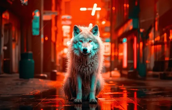 Animals, Red background, White wolf, AI art