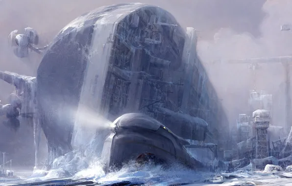 Картинка зима, снег, корабль, крушение, арт, танкер, руины, подводная лодка