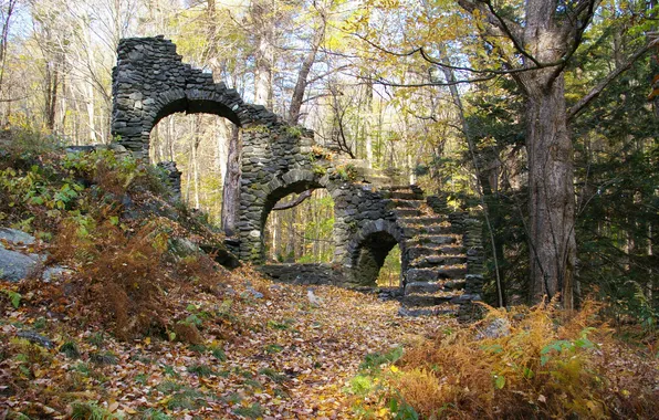 Осень, парк, сооружение, лестница, развалины, руины