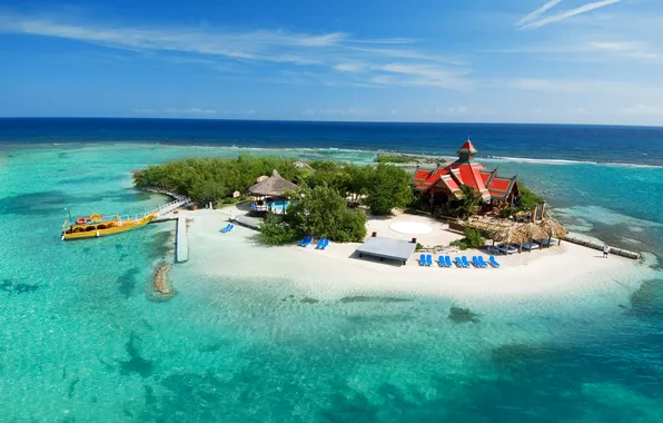 Картинка море, остров, отель, бунгало, Ямайка, Карибы