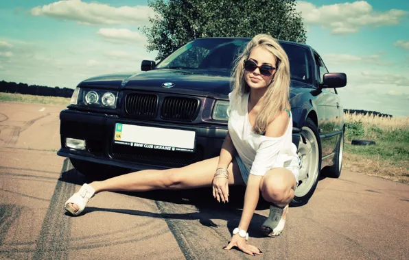 Девушка, Девушки, BMW, очки, черный авто