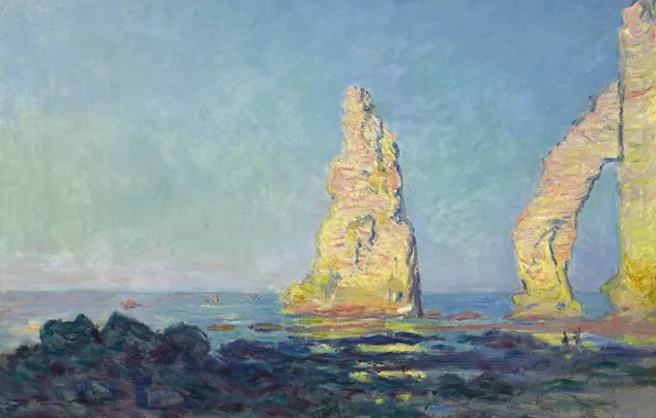 Картинка море, пейзаж, картина, Клод Моне, Скала Игла в Этрета. Отлив