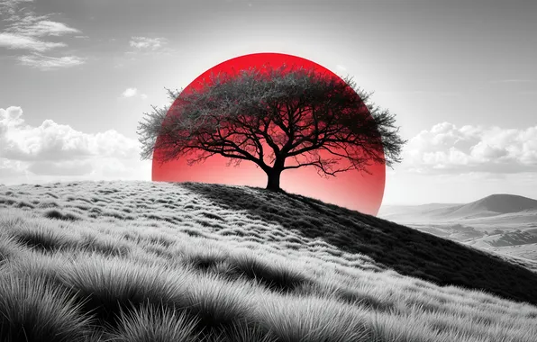 Картинка red, landscape, tree, circle