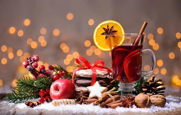 Картинка яблоко, Новый Год, печенье, Рождество, орехи, корица, wine, orange