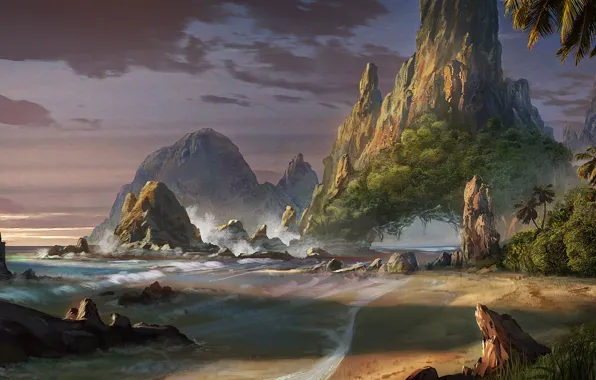 Картинка море, пляж, пейзаж, скалы, арт, фантастический мир, Waqas Mallick