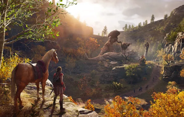 Картинка осень, лес, листья, деревья, лошадь, Assassin's Creed Odyssey