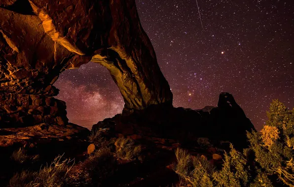 Звезды, ночь, скалы, арка, Юта, США, Arches National Park, North Window Arch