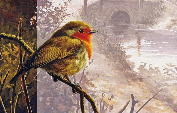 Картинка пейзаж, мост, птица, текстура